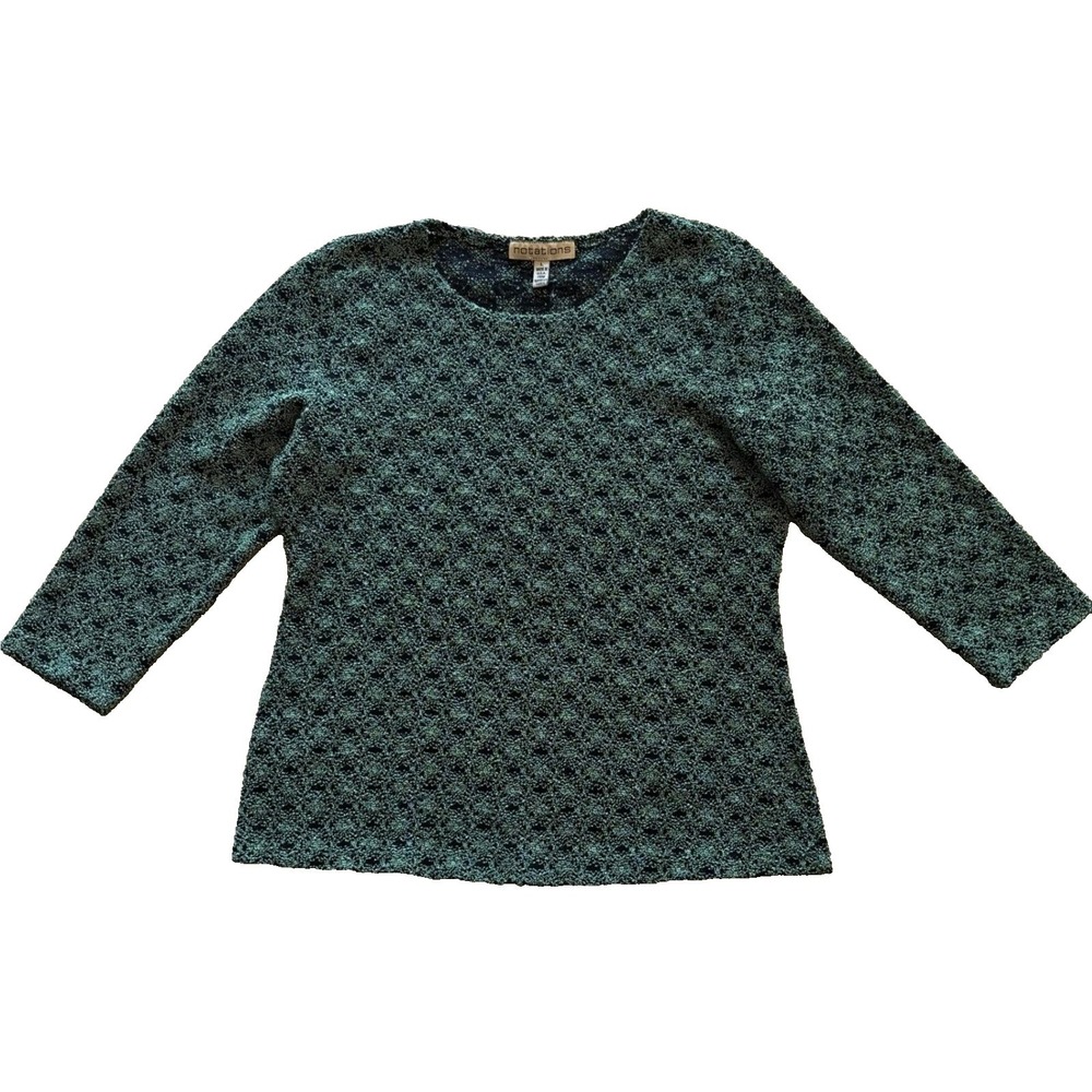Notations Womens Large Green Black Textured Knit 3/4 Sleeve Pullover Top Blouse